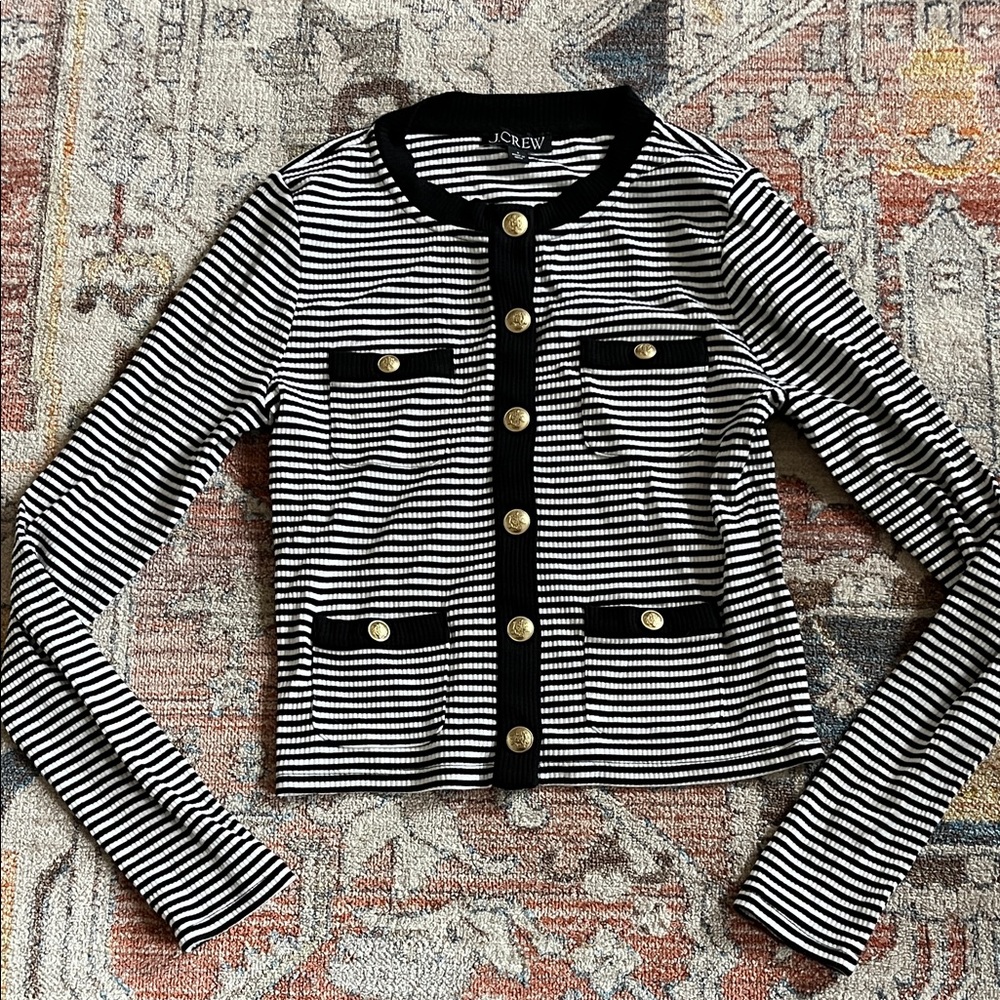 J. Crew Black and White Striped Top with Gold Buttons